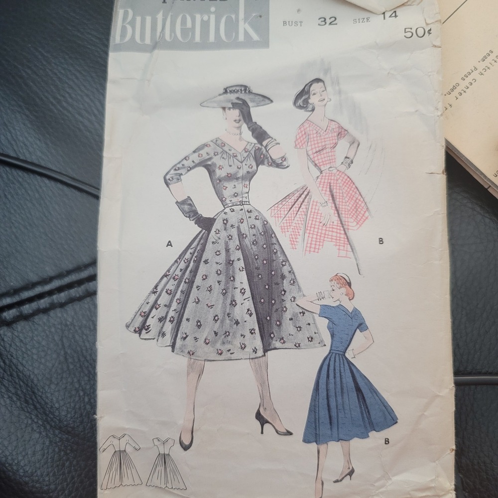Vintage 1950s Butterick 7579 Sewing Pattern Full Skirt Dress Bust 32 Size 14